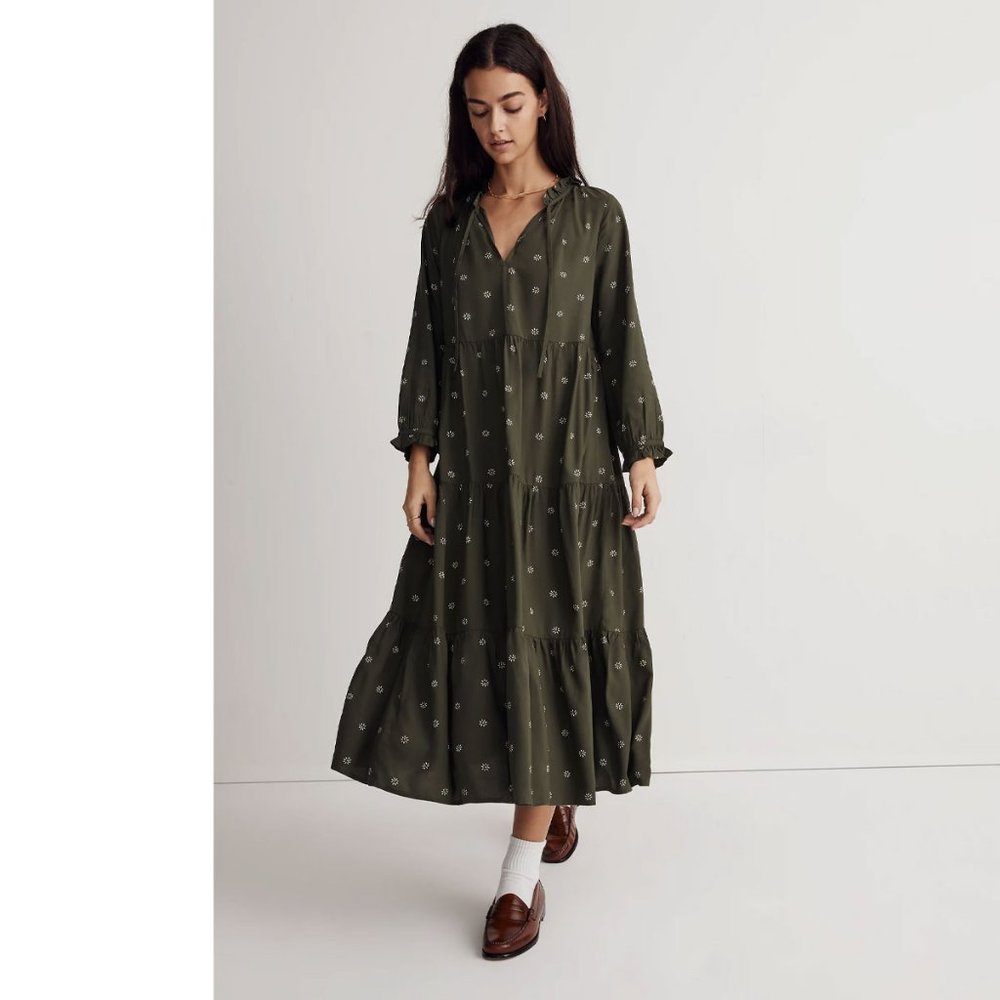Madewell Green Flower Tie-Neck Tiered Midi Dress in Stardot size Large - NWOT